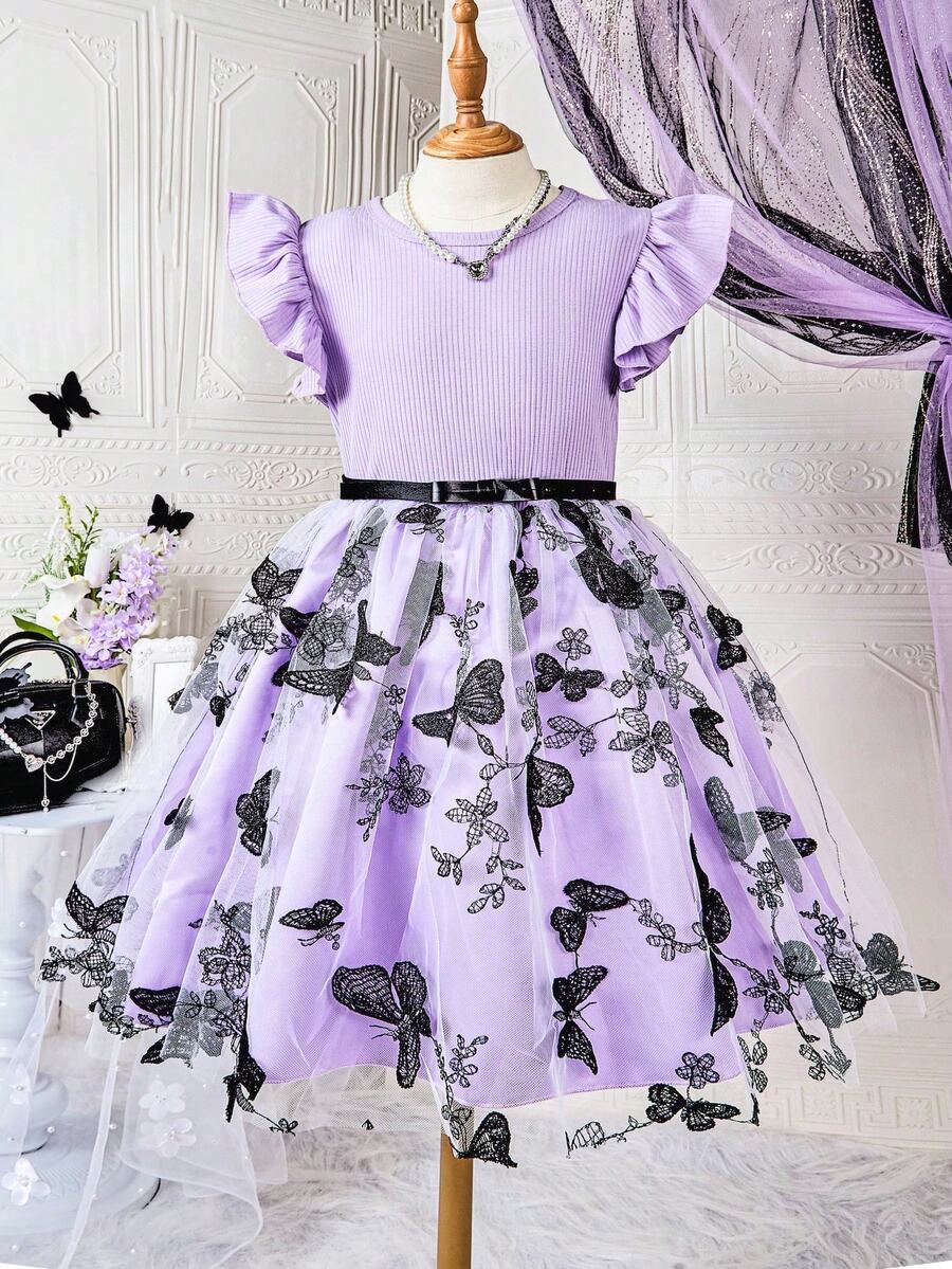 SHEIN Tween Girls' Fashionable & Cute Butterfly PriCap Sleeveeve Dress - Purple - View 1