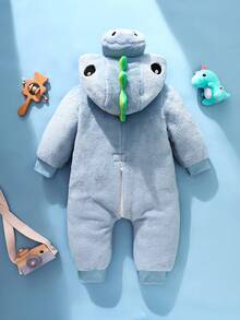 SHEIN 男婴可爱恐龙3D帽子连体衣，长袖连体衣，返校套装