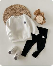 Babygirl 可爱针织印花卫衣和松紧腰裤套装，秋冬 - 黑與白 - 查看 5