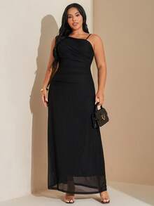 SHEIN Tall CURVE 加大码女式优雅简约时尚别致日常基本款职业办公室通勤网红音乐节海滩度假透明不对称领口褶皱紧身连衣裙，无袖 - 黑色 - 查看 5