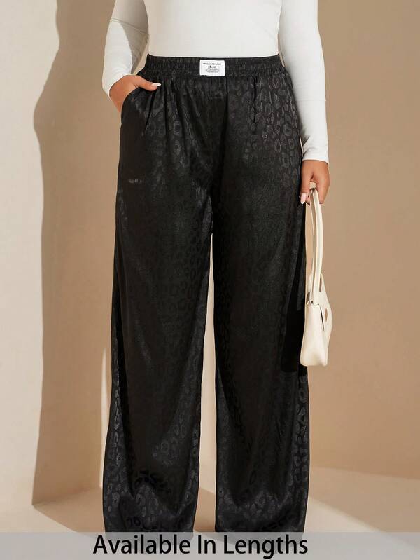 SHEIN Tall CURVE Plus Size Women Leopard Print Letter Applique Pocket Wide Leg Casual Pants Black Wide Leg Pants Printed Wide Pants Wide Pants