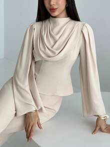 Aloruh Apricot Minimalist Office Commute Outfit Draped Neck Flare Sleeve Women's Shirt + Long Wide Leg Pant2 Piecesce Set - Apricot - View 1