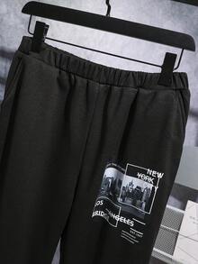 2 件套青少年男童城市图案印花圆领套头衫套装，适合秋季休闲穿着 - 黑與白 - 查看 5