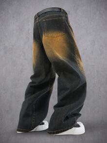 Manfinity Denimwave Men's Loose Fit Contrast Color Wide Leg Jeans Loose Wide Leg Vintage Washed COUPLE Blue Street Distressed Jeans For Y2K Japanese Pants Baggy Jeans Streetwear - Yellow - View 2