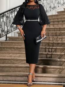 SHEIN Lady Christmas Winter Casual Dresses For Women Black Formal Dress For Women   New Year Christmas Party Dress Plus Size Women Elegant Party Cocktail Dress With Lace Patchwork Lantern Sleeves, Fitted Silhouette (Waist Belt Not Included) Elegant Midi Dress Black Elegant Dress Curve Midi Cocktail Dress Puff Sleeve Dress Black Church Dress Plus Size Black Elegant Dress Elegant 2 Piece Set - Black - View 5