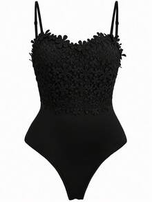 Rometta Plus Size Lace Strap Bodysuit Fashion Solid Color Bodysuit Suitable For Summer - Black - View 1