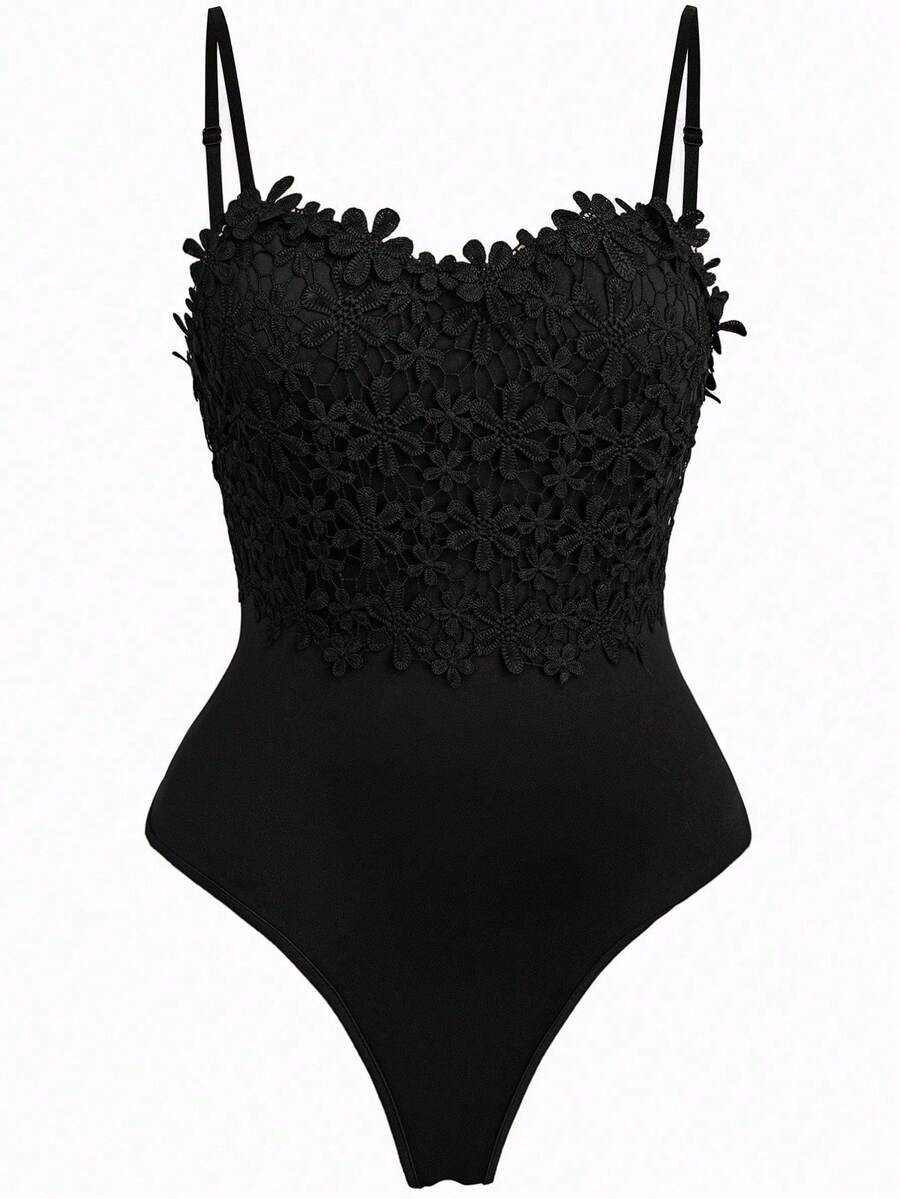 Rometta Plus Size Lace Strap Bodysuit Fashion Solid Color Bodysuit Suitable For Summer - Black - View 1