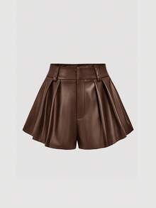 SHEIN MOD 女士褶皱宽松巧克力棕色PU阔腿短裤 - 巧克力棕 - 查看 6