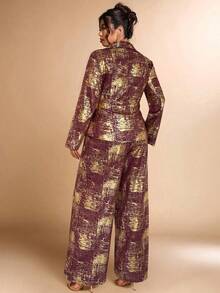 Cravure Plus Size Women's Metallic Foil Elegant Suit Set, Suitable For Party And Office, Autumn/Winter - Burgundy - View 2
