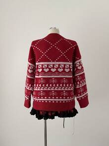 Sunspun Plus Size Women Heart Pattern V-Neck Long Sleeve Loose Pullover Sweater, Autumn/Winter - Red - View 2
