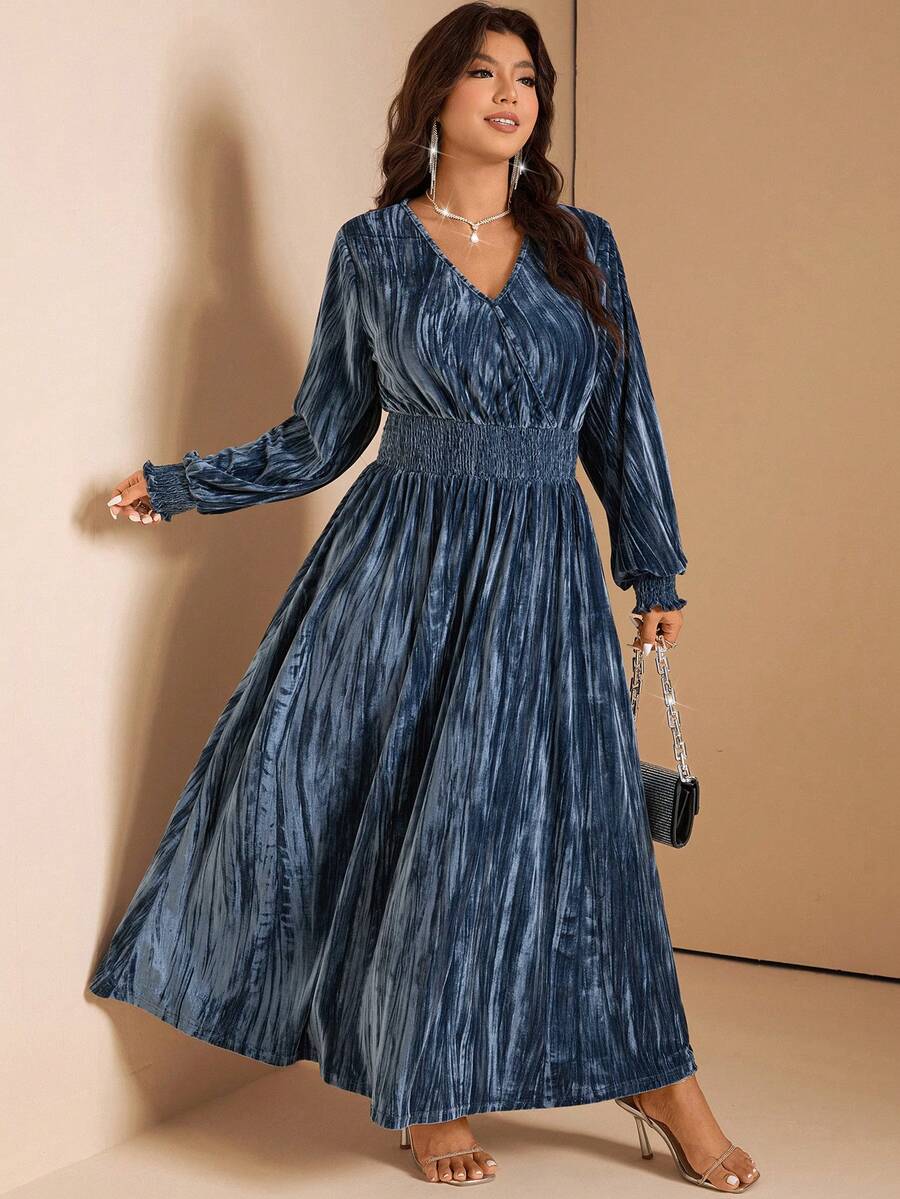 Comfylo Váy midi xếp ly nhung cỡ lớn - Màu xanh lam - Xem 1