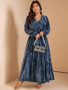 Comfylo Váy midi xếp ly nhung cỡ lớn - Màu xanh lam - Xem 8