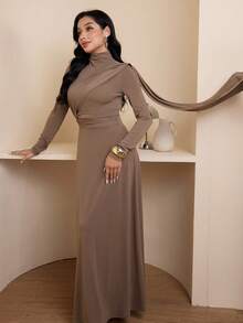 Veilorie Women's Solid Color Stand Collar Raglan Sleeve Waist Cinched Fashionable Arabic Style Dress - Brown - View 8