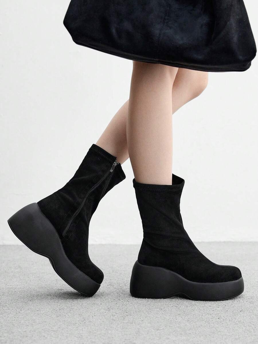 CUCCOO BIZCHIC Giày bốt tất nữ màu đen co giãn, thời trang thu đông, đế dày, gót nêm, chất liệu da lộn, bốt cao đến giữa bắp chân, co giãn thoải mái, đa năng cho cả đi làm và đi chơi, màu đen - màu đen - Xem 1
