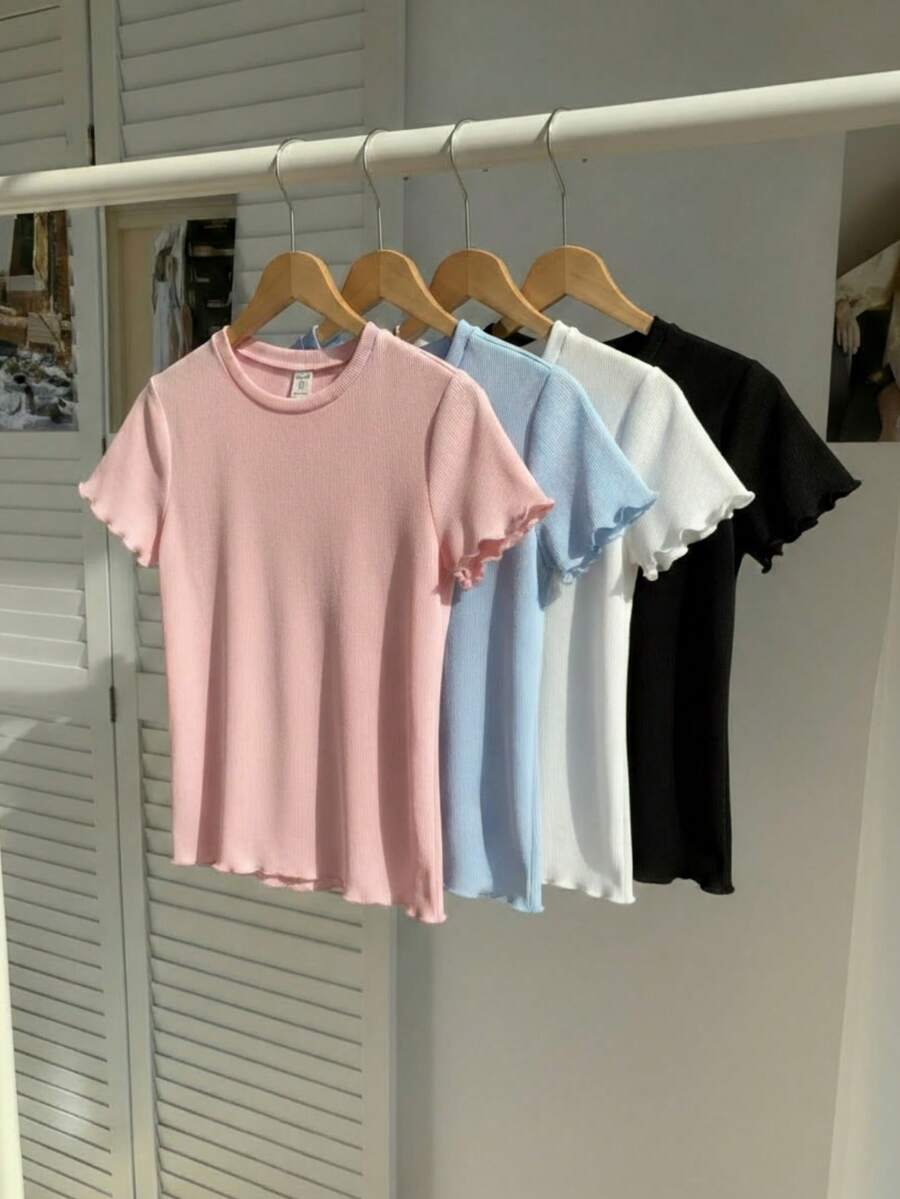 SHEIN Tween Girl 4-Color Combination (Black, White, Blue, Pink) Striped Short Sleeve T-Shirt, Solid Color Fabric, Summer Versatile Short Sleeve Set - Multicolor - View 1