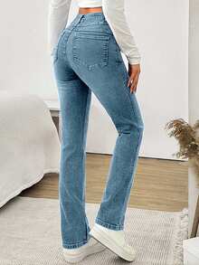 EURMUSE QUẦN JEANS CẠP CAO THẲNG KIỂU GÓT CÓ KHÓA KÉO CHO NỮ - Màu xanh nhạt - Xem 2