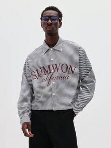 SUMWON 重磅条纹长袖纽扣衬衫，胸前印花，适合秋冬季办公室休闲穿着 - 黑與白 - 查看 3