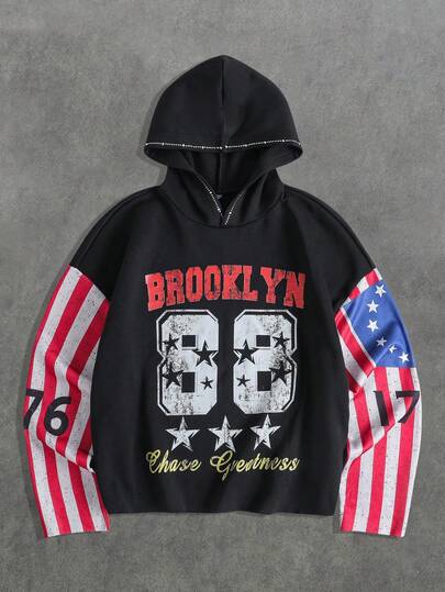 Prep Herren Lässig Kontrast Gestreifte Patchwork Hoodie