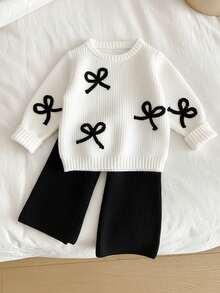 Genkimix Kids 年轻女孩时尚百搭可爱蝴蝶结针织毛衣和针织长裤套装 - 黑與白 - 查看 5
