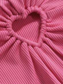 DAZY 纯色心形镂空百褶短款修身直肩短袖夏季上衣情人节短款女上衣 - 玫紅色 - 查看 5