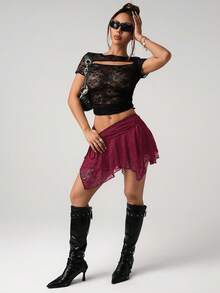 SHEIN ICON 性感撞色蕾丝不对称下摆铅笔裙 - 酒紅色 - 查看 5