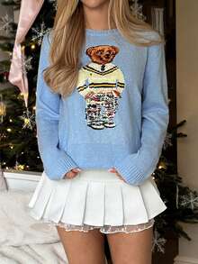 CovetEZ 女式卡通熊图案圆领长袖休闲毛衣，秋冬 - 灰色 - 查看 5