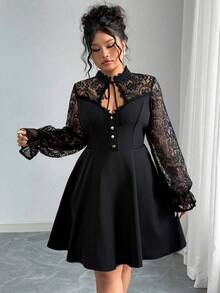 Elenzga 大码女式法式休闲优雅蕾丝长袖连衣裙 - 黑色 - 查看 6