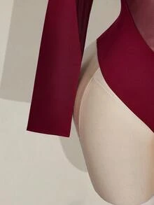 SHEIN ICON Plus Size Y2K Long Sleeve Mesh Patchwork Bodysuit, Sexy Mesh Bodysuit For Halloween, Halloween Costume, Autumn - Burgundy - View 6