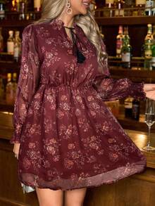 SHEIN Clasi Plus Size Elegant Party Floral Print Dress - Burgundy - View 1