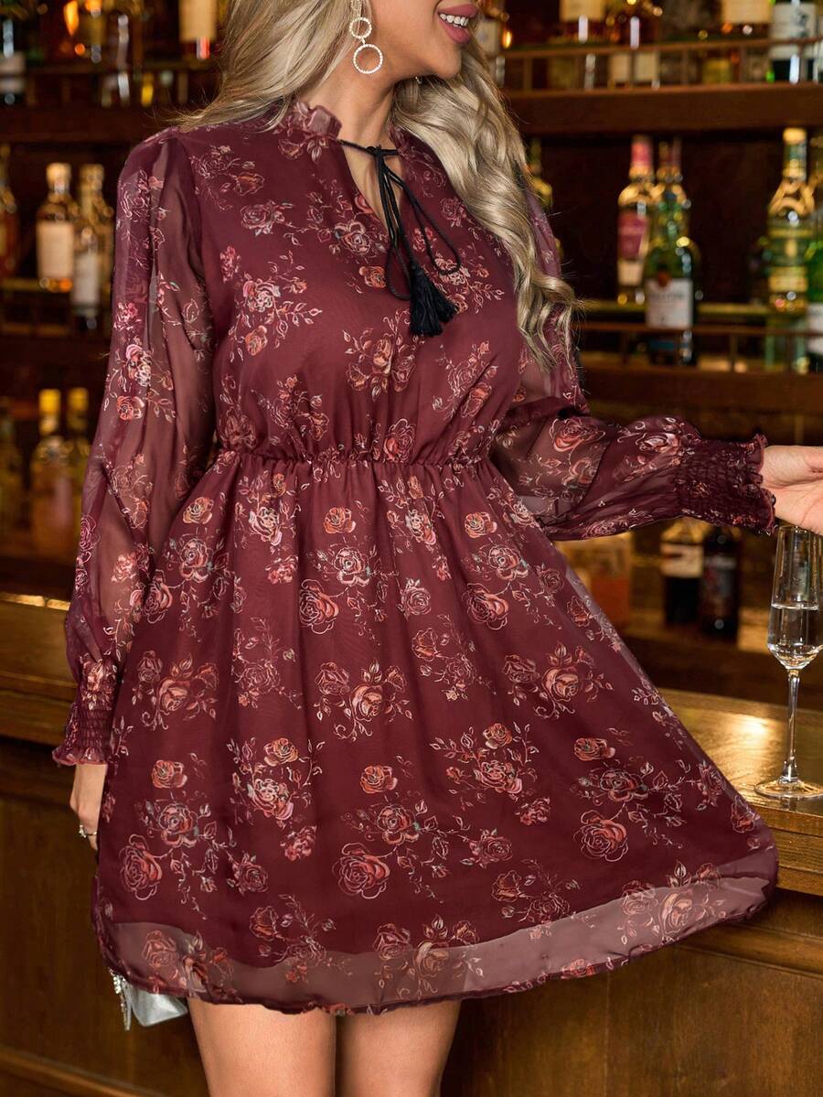 SHEIN Clasi Plus Size Elegant Party Floral Print Dress - Burgundy - View 1