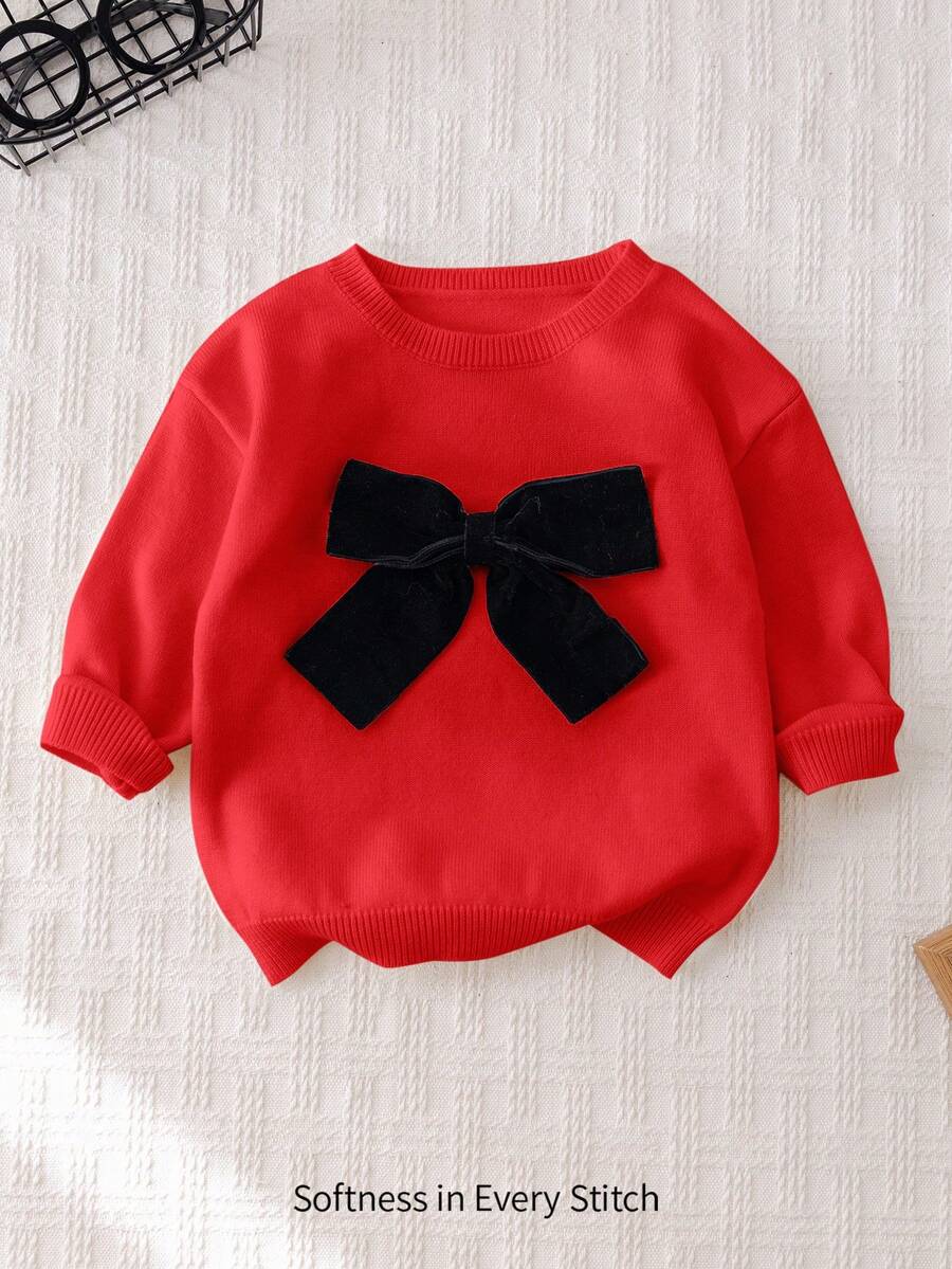 Cozy Pixies Baby Girl Colorblock Bow Decor Round Neck Drop Shoulder Pullover Sweater, Casual & Versatile For Autumn/Winter - Red - View 1