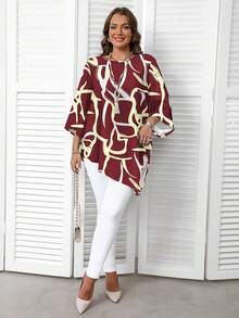 EMERY ROSE Plus Size Asymmetric Hem Allover Print Shirt, New Year Clothes - Red - View 1