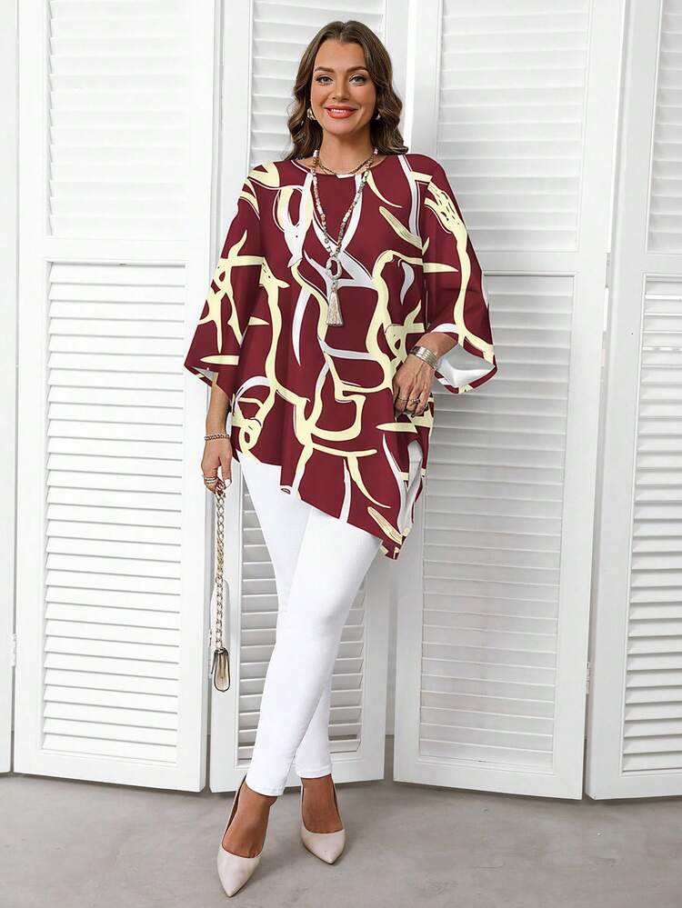 Plus Size Asymmetric Hem Allover Print Shirt, New Year Clothes