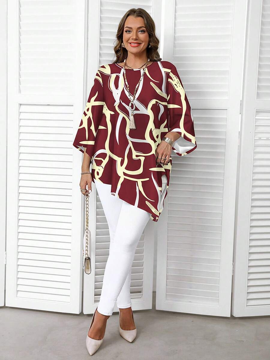 EMERY ROSE Plus Size Asymmetric Hem Allover Print Shirt, New Year Clothes - Red - View 1