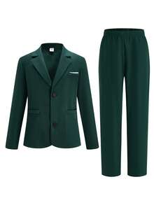 SHEIN 2pcs Tween Boy Dark Green Winter Elegant Formal Traditional Wedding Outfit,Preppy Gentleman Solid Blazer Jacket And Elastic Waist Pants Set,Party - Green - View 2