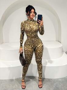 SHEIN SXY 性感豹纹网纱连体衣，适合派对穿着 - 彩色 - 查看 3