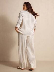 Elaquor Plus Size Casual Minimalist Basic Striped 2 Pieces Set, Loose Fit - Apricot - View 2