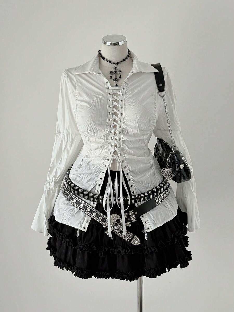 Sunspun Große Größen figurbetontes gerafftes Langarm Bluse mit Glockenärmeln