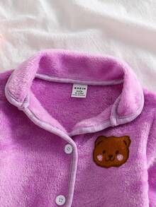 2 piezas Conjunto de pijama cómodo para niñas bebé con top de cárdigan de manga larga con bordado de oso de peluche suave y pantalones - Morado - Ver 3