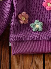 SHEIN Baby Girl Blue Knitted 3D Floral Pullover Sweater + Straight Leg Pants Set, Autumn/Winter - Purple - View 3