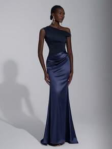 Elitara 优雅的勃艮第红色闪光金银线缎面拼布不对称肩部金属扣装饰鱼尾礼服，适合婚礼、所有正式场合、伴娘 - 藏蓝色 - 查看 7