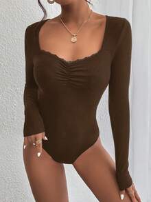 SHEIN Frenchy 蕾絲拼接修身心形領長袖連身衣 冬季棕色 - 棕色 - 查看 3