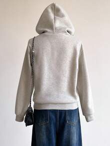 SHEIN 少女休闲可爱碎花帽，花卉字母印花口袋卫衣，适合上学、学生、日常穿着、街头风格，百搭 - 灰色 - 查看 2