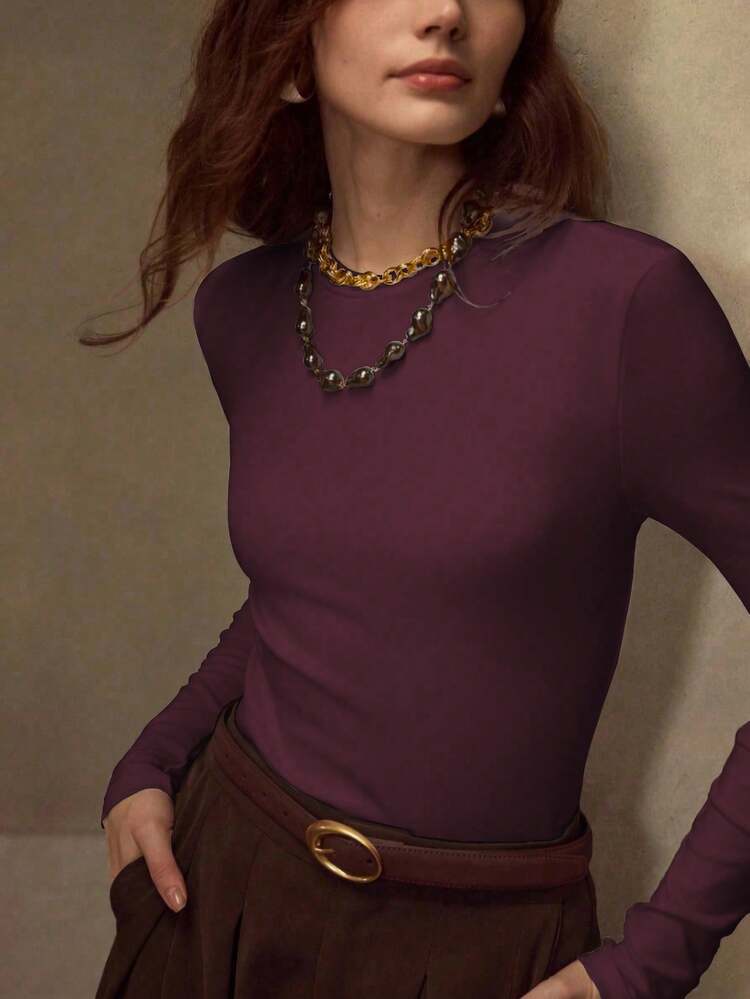 STRETCHY & SKIN-FRIENDLY SOLID COLOR ROUND NECK SLIM FIT FASHIONABLE LONG SLEEVE VERSATILE WOMEN'S BASE LAYER TOP