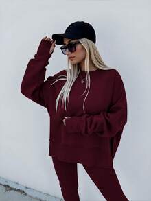 INAWLY Setelan 2 Potong Atasan dan Celana Panjang Lengan Panjang Leher Bulat Minimalis Warna Polos Ukuran Plus untuk Pemakaian Sehari-hari - Burgundy - View 5