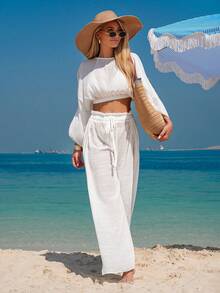 Swim Vcay 女士甜美露肩喇叭袖上衣搭配纯色梭织休闲裤套装，时尚显瘦 - 白色 - 查看 5