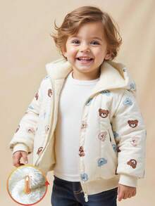 Vintaside Kids 1pc Baby Boys Bear Pattern Thermal Lined Long Sleeve Jacket Coat, Suitable For Autumn/Winter, Everyday Wear
