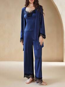 Anewsta Contrast Lace Cami Top And Pants With Belted Robe Pajama Set Holiday Season, Fall Clothes, Winter Clothes - Blue - View 3