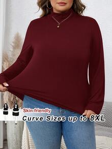 SHEIN CURVE+ 纯色罗纹修身立领针织保暖 T 恤 - 酒紅色 - 查看 1