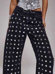 MUSERA Jeans de tiro medio con ajuste holgado, pierna recta, con tachuelas de espejo. Elegante y sexy para ocasiones de fiesta y primavera-verano - Negro - Ver 6
